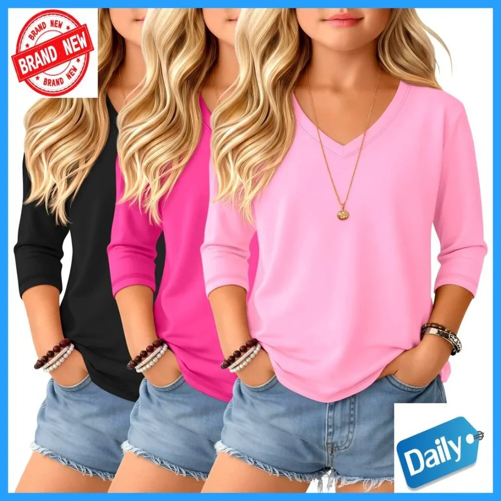 Girls 3-Pack 3/4 Sleeve V-Neck Tees Loose Fit Lightweight Summer Tops